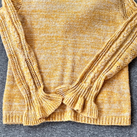 Kensie Heathered Open Knit Ruffle Sweater Sz M Retro Mustard Shabby Chic Cottage - Picture 7 of 12